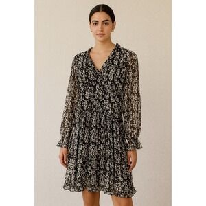 Express Cottagecore Floral‎ Print Mini Dress Long Sleeve Ruffle Trim Black Small